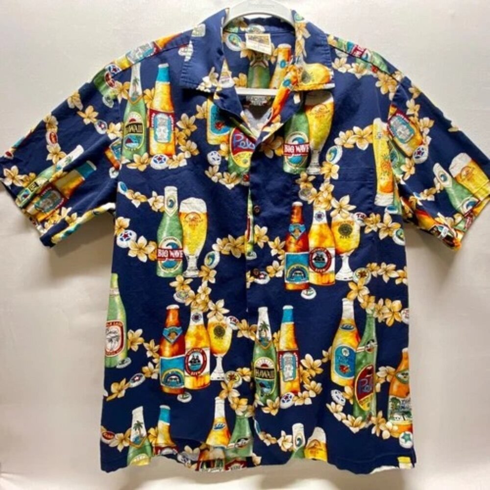Winnie Fashion Vintage Camp Shirt Men's Large Hawaiian Beer Navy Casual Resort